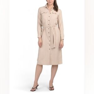 NWT - DKNY Beige Long Sleeve Button Down Midi Shirtdress - Size 14